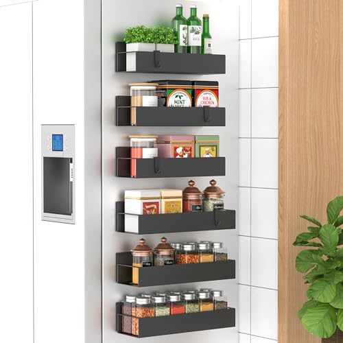 Metal Magnetic Spice Rack for Refrigerator Black, 6 Pack | Magnetic Shelves Heavy Duty for Fridge in Kitchen, Seasoning Storage Organizer, For Oven Washer and Dryer, For Heavier Items - color: Black, size: 6 Pack