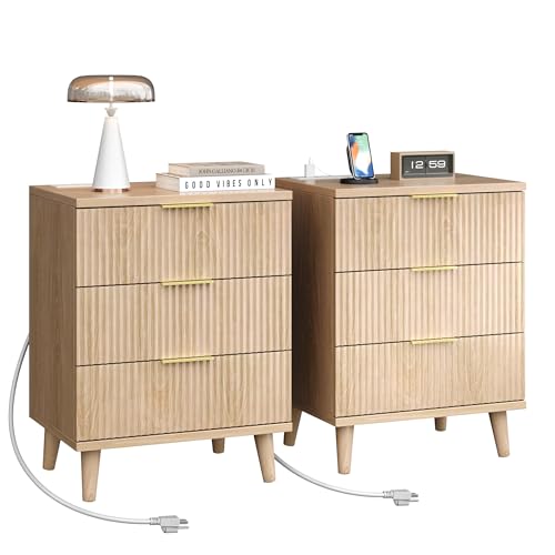 Fluted nightstands Set of 2, 20 inch Modern Nightstand with Charging Station Wood Bedside End Table with 3 Large Storage Drawers, Tall Side Table for Bedroom Sofa Office Oak Natural - color: Oak Natural, size: 2pcs