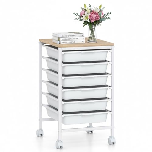 Rolling Cart with Drawers, 6 Drawer Rolling Storage Cart with Wooden Tabletop, Metal Frame & Lockable Wheels, Craft Organizers and Storage for Home Office Classroom (White, 6 Drawer) - color: White, size: 6 Drawer