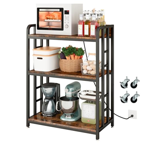 METYERRY Bakers Rack with Power Outlet,Adjustable Microwave Stand with Storage,3-Tier Kitchen Shelves,Microwave cart Suitable for Kitchen,Dinning Room,Coffee Bar,Living Room,Rustic Brown - color: Rustic