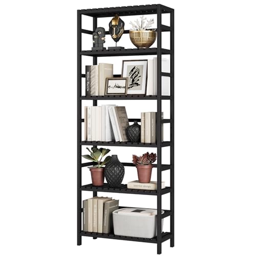 Bamjoy Bamboo Shelf, 6-Tier Bookshelf Adjustable Storage Shelves, Tall Shelving Unit Plant Stand, Storage Rack for Bathroom Home Office Living Room Kitchen, 23.6W x 10.2D x 63.4H Black - color: Black