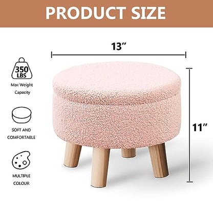 Wimarsbon Storage Ottoman, Modern Round Footrest with Soft Padded Seat, Teddy Velvet Footstool with Wood Legs, Accent Small Table or Plant Stand for Hallway, Living Room (Pink) - color: Pink