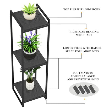 45" Tall Indoor Plant Stand, 3-Tier Flower Pot Rack, Black | Modern Minimalist Look, Wood Finish, for Living Room, Bedroom, Balcony, Space-Saving, Sturdy Metal Frame
