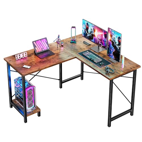 DUMOS 50-Inch Reversible L Shaped Desk with CPU Shelf, Brown | Computer Desk with Sturdy Metal Frame, Corner Gaming Desk, Home Office Desk for Study, Writing and Work, Sturdy Modern Design - color: Brown