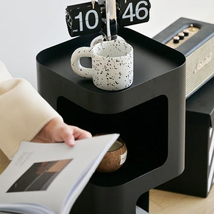 Modern Side Table, Small End Table for Small Spaces, Metal Nightstand with Storage Shelf, Space-Saving Bedside Table Accent Table Drink Tables for Living Room, Bedroom, No Assembly Required - color: Black Trumpet