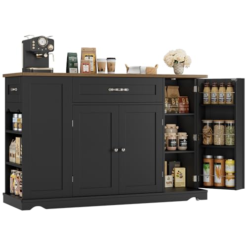 HOSTACK Kitchen Island Cart with Storage, 47'' Kitchen Storage Island on Wheels with 2 Drawers, Rolling Island Table with Adjustable Shelves, Mobile Buffet Sideboard Cabinet for Dining Room, Black - style: Black + Rustic Brown