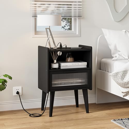 MMEOLUOOK Nightstand with Charging Station, Bedside Tables, End Table Side Table with 2 Tiers Storage Space, for Bedroom, Living Room, Black CAMLBZ07BE - color: Black