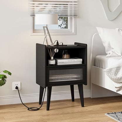MMEOLUOOK Nightstand with Charging Station, Bedside Tables, End Table Side Table with 2 Tiers Storage Space, for Bedroom, Living Room, Black CAMLBZ07BE - color: Black
