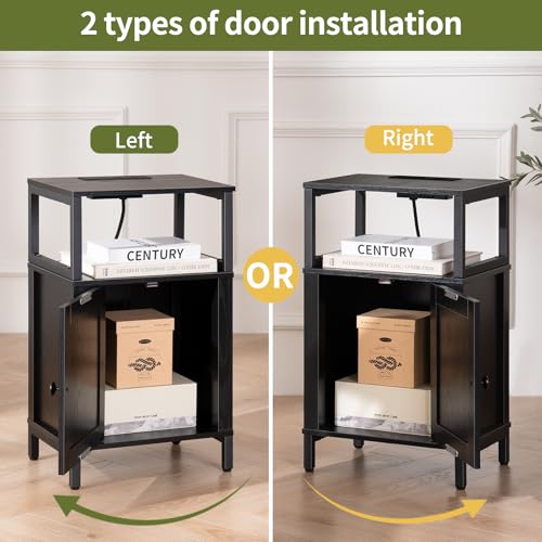 Yoobure Farmhouse NightStand with Charging Station，Wood Night Stand End with USB Ports, LED Bed Side Table with Storage Cabinet，Bedside Table for Bedroom, Living Room Black - color: Black