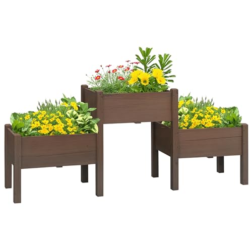 Outsunny Raised Garden Bed with 3 Planter Box, Elevated Wooden Plant Stand with Drainage Holes, for Vegetables, Herb and Flowers, Coffee - color: Coffee, size: 6.04' x 1.48' x 2.63'