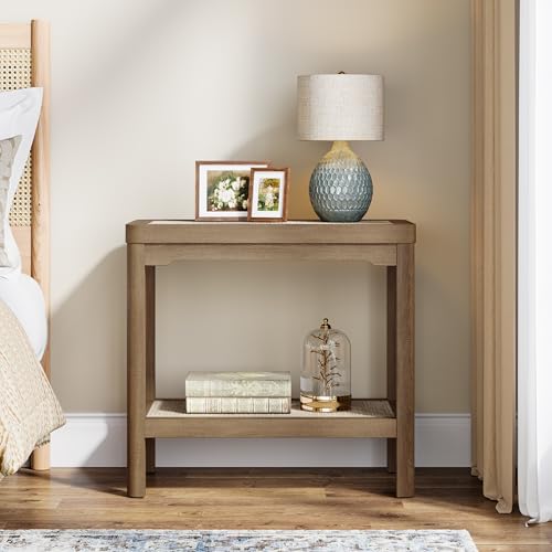Eclatara Rattan Side Table End Table with Round Edge Design | 2 Tier Rattan Night Stand, Farmhouse Boho Bedside Tables with Ultra-Thick Legs for Bedroom Living Room(Caramel Oak,1 Piece) - color: Caramel Oak, Round Edges