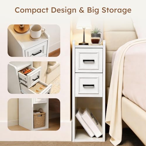Narrow Nightstand Set of 2, Modern White Bedside Table with Drawers & Open Shelf, Modern End Table for Bedroom Small Spaces, Apartments, Renters - color: Narrow White