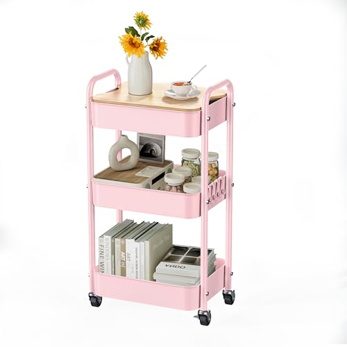 3 Tier Rolling Cart with Table top, Metal Rolling Utility Cart, Sturdy Storage Organizer Cart with Locking Wheels & Hooks for Office, Classroom, Kitchen and Bathroom，Pink - color: Pink