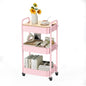 3 Tier Rolling Cart with Table top, Metal Rolling Utility Cart, Sturdy Storage Organizer Cart with Locking Wheels & Hooks for Office, Classroom, Kitchen and Bathroom，Pink - color: Pink