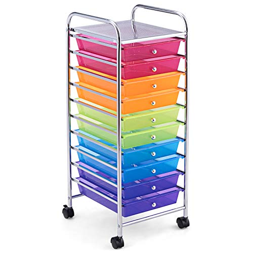 KOTEK 10-Drawer Rolling Storage Cart, Multipurpose Utility Cart Mobile Craft Cart w/Drawers & Wheels, Home Office School Tools Scrapbook Paper Organizer (Multicolor-Combo1) - color: Multicolor-Combo1