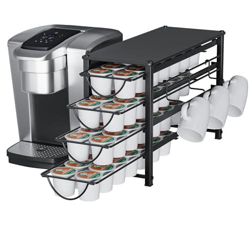 HFHOME Coffee Pod Organizer for Countertop, 4-Tier Metal Storage Drawer, Holds 56 Capsules, Coffee Station Holder for Kitchen, Office, or Home, 3 cup rack, Black - color: Black-56 Pods