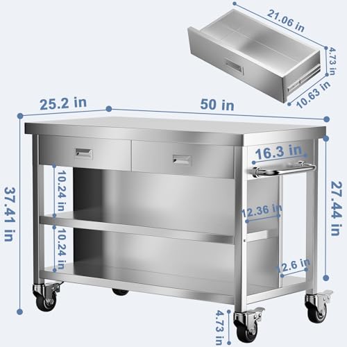 KINGBO 50" Stainless Steel Kitchen Island with Storage, Rolling Kitchen Island Table with 2 Drawers on Wheels, Portable Island Cart for Kitchen, Outdoor, Restaurant, Cafe