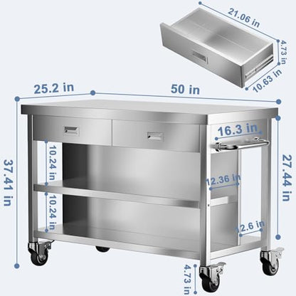 KINGBO 50" Stainless Steel Kitchen Island with Storage, Rolling Kitchen Island Table with 2 Drawers on Wheels, Portable Island Cart for Kitchen, Outdoor, Restaurant, Cafe
