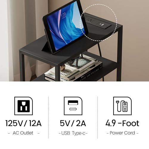 TUTOTAK Keep Phones Charged & Books Organized with Slim 3-Tier Side Table with Charging Station for Living Room Bedroom TB01BK095 - color: Black
