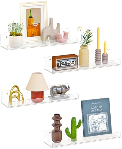 Dooiclear 4 Pack Floating Shelves for Wall, 15" Clear Floating Wall Shelf | Acrylic Book Shelf, Display Shelves Organizer for Bathroom, Classroom, Bedroom, Living Room, Kitchen, Room Decor - size: 4 Pack