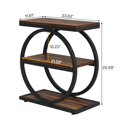 LITTLE TREE 3-Tier End Table Set of 2, Industrial Side Table with Storage Shelves, Small Sofa Side Table for Living Room, Wooden Side End Table with Round Metal Legs, Slim Nightstand and Bedside Table - color: Brown and Black
