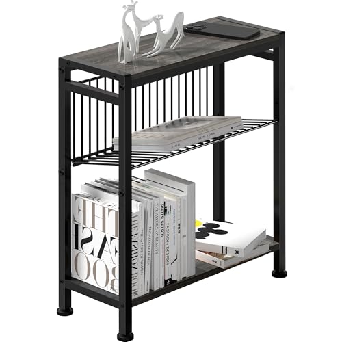 Side Table for Small Spaces, Narrow End Table with Magazine Holder, 2 in 1 Design Slim Side Table, Skinny Nightstand for Living Room Bedroom, Thin Side Magazine Table, Grey - color: Grey, size: 1-pcs