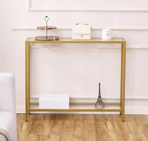 MAJARO Small Modern Console Table for Entryway, Tempered Glass with Metal Frame Sofa Table for Living Room, Hallway, Office (Double-Layer, Gold) - color: Gold, style: Double-layer