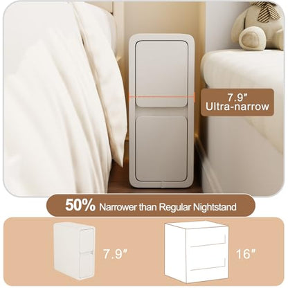 AQIMUELE Narrow Nightstand - Narrow Bedside Table with Drawers, Wood Small Nightstand with Leather Surface for Bedroom, White - 7.9" W - color: White (2 Drawers), size: 7.9"W