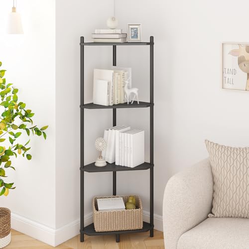Wisuce Black Small Corner Shelf Stand, 4-Tier Bamboo Corner Bookshelf | Space-Saving Narrow Corner Shelf | Bathroom Corner Shelf | Shelves for Bedroom, Living Room, Kitchen & Plant Display - color: Black, size: 4 Tier