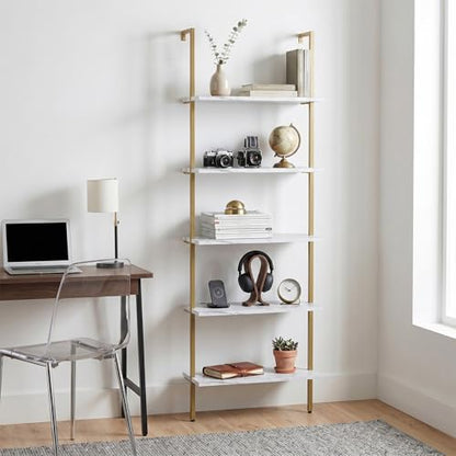 aboxoo Ladder Shelf White Marble Bookshelf 5-Tier Wall-Mounted Wood Rack Industrial Modern Plant Flower Stand Utility Organizer Open Bookcase Metal Frame Furniture Office Kitchen Bedroom - color: White Marble 5-tier, size: 1PC