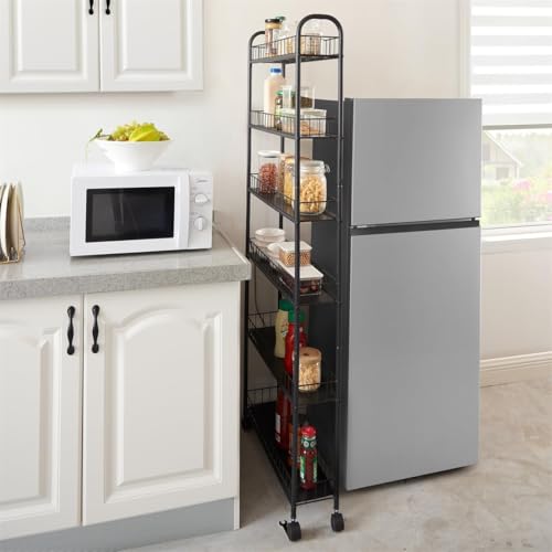 6 Tier 6in/10in Slim Rolling Storage Cart, Mobile Shelving Unit with Wheels, Metal Wire Storage Shelving Rack with Baskets for Kitchen Bathroom Office Laundry Narrow Places