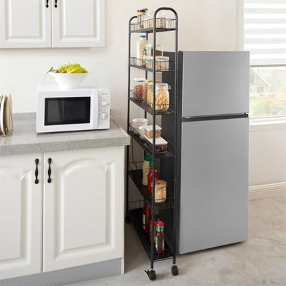 6 Tier 6in/10in Slim Rolling Storage Cart, Mobile Shelving Unit with Wheels, Metal Wire Storage Shelving Rack with Baskets for Kitchen Bathroom Office Laundry Narrow Places