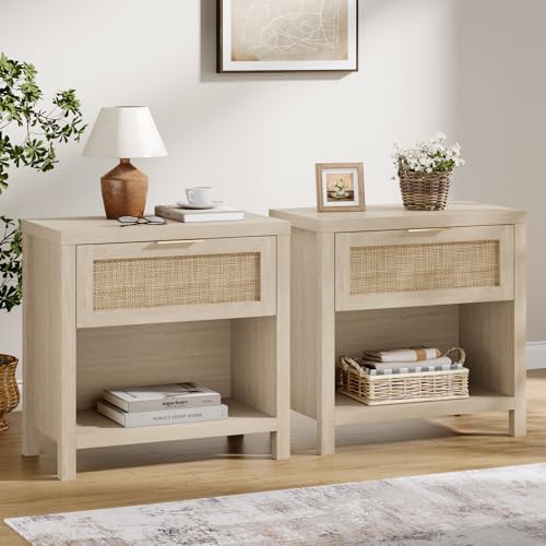 Eclatara Rattan Night Stands Set of 2, Boho Bedside Table with Drawer and Storage Shelf, Farmhouse Accent Nightstands Side Table for Bedroom Sofa Office (2, Original Oak) - color: Original Oak (Large 1 Drawer)