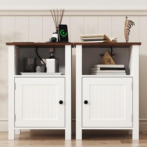 Furnify Farmhouse Nightstand Set of 2, Night Stand with Charging Station and USB Port, Modern Nightstand with Storage Shelf, Rustic Side Table with Open Space, Side Table for Bedroom, White - color: White