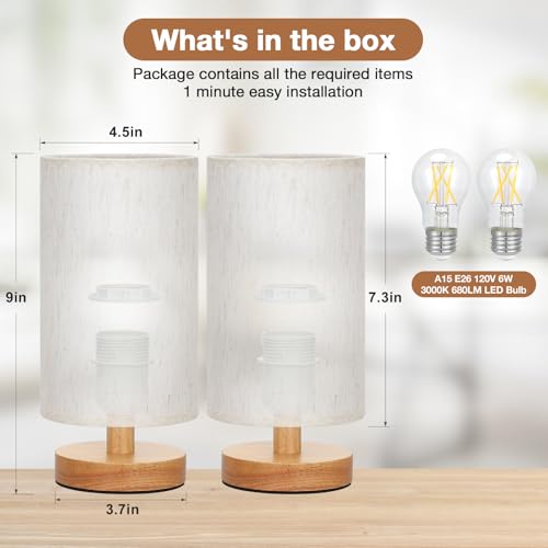 Fenmzee Small Lamps Set of 2 - Inline Control, Bedside Table Lamp for Bedroom with 3000K A15 LED Blub, Easy Assembly (Cream Shade - Wood Base Set of 2, 9" Inline Control) - color: Cream Shade - Wood Base set of 2