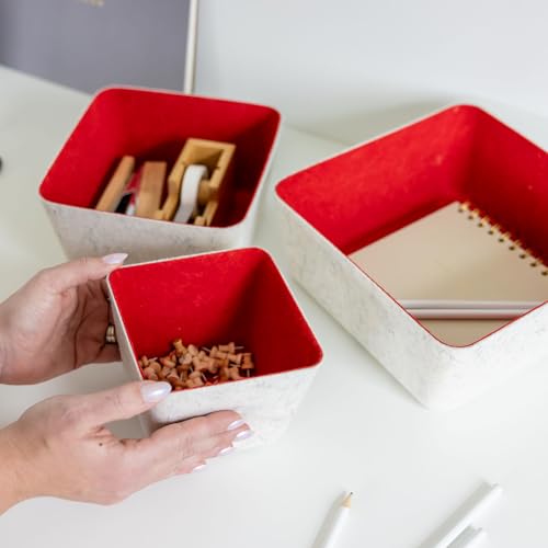 Three by Three Seattle Tapered Felt Storage Bins, 2-Pack, 9x9 (Cream/Red) | Recycled felt tapered bins; soft non-scratch; 5"x5" fits most drawers; organize desk, office, bathroom, bedroom & entryway - color: Cream/Red