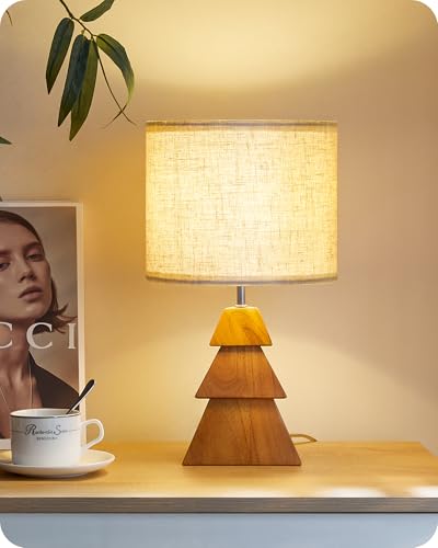 Wood Table Lamp, Wood Bedside Lamp with Tree-Shaped Base & Linen Lampshade, Modern Cute Desk Lamp for Living Room, Bedroom, E26 Base, Bulb Not Included, Beige and Dark Natural LE08TL05 - color: Beige+Pearwood Tree Shaped