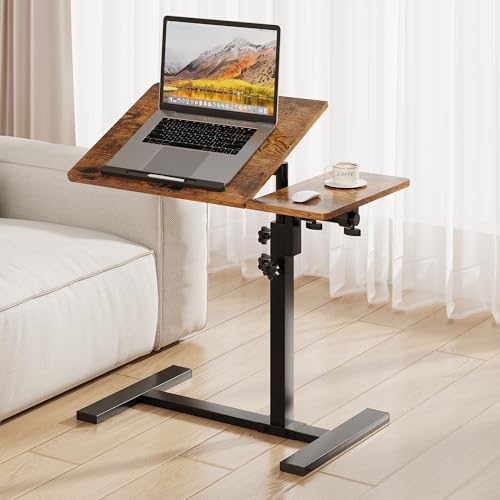 Overbed Table with Wheels Rolling, Adjustable Mobile Bedside Desk | Flip-Top, Laptop Table, C Shaped End Side Table for Couch, Sofa, Bed, Recliner and Home Use, Large Brown - color: Large Brown