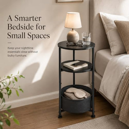Small Round Side Table with Storage Basket, 3-Tier Narrow End Table Nightstand for Living Room Bedroom, 11.8" Diameter Modern Bedside Table for Small Spaces, Wood Grain & Metal Frame (Black) - color: Black