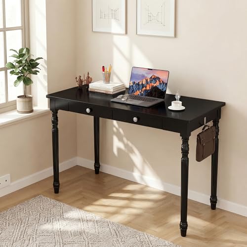 100% Solid Wood Desk with 2 Drawers 47" Black Wooden Desk | Mid Century Modern Desk, vintage Writing Desk Computer Table for Home, Office, Bedroom, Living Room - color: Black, size: 47.2" x 21.7"