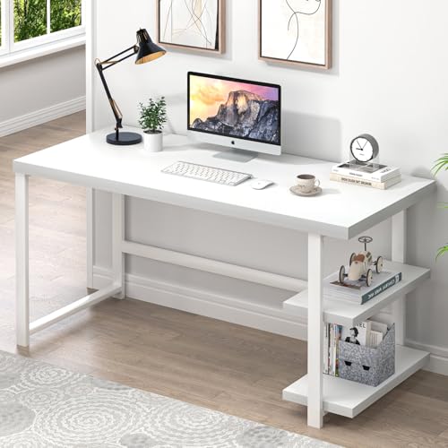 EXCEFUR White Computer Desk, Modern Home Office Desk with Storage Shelf, Wood and Metal Writing Study Table for Living Room Bedroom, 53 Inch - color: White