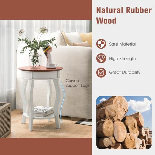 GOFLAME 2-Tier Round End Table, Compact Nightstand with Storage Shelf & Solid Wood Curved Legs, Accent Table, Mid-Century Sofa Side Tables for Living Room, Bedroom, Small Space, White