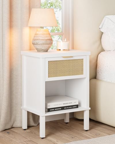 Rattan Nightstand with Drawer and Open Shelf, Boho Side Table with Gold Handle, Small Night Stand, Modern Bedside Table for Bedroom, White - color: White