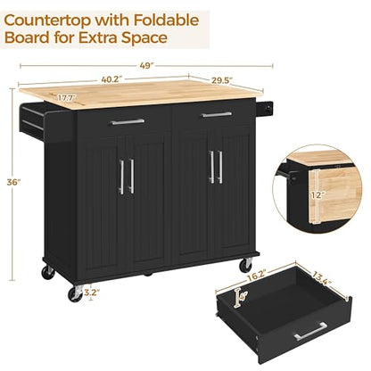 Yaheetech Kitchen Island Cart with Drop Leaf, 49" Rolling Island Table with Storage, Drawer, Kitchen Cart with Rubberwood Top, Detachable Towel & Spice Rack, Black