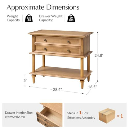 HULALA HOME Farmhouse Nightstand with Drawer & Open Shelf, Natural Wood End Table with Solid Wood Legs, 28.4'' Wide Sofa Side Table with Charging Station(Oak) - color: Oak