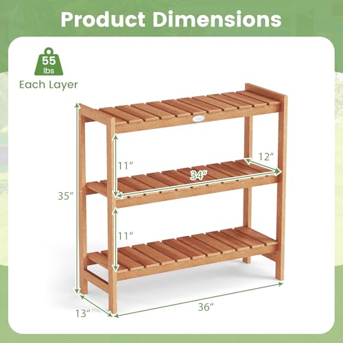 Giantex 3-Tier Plant Stand Indoor, Solid Wood Flower Pot Display Rack w/ Slatted Shelves, Take Oil Finish Bookshelf Shoe Rack, Indoor Outdoor Storage Shelf for Patio Garden Balcony Home Living Room Entryway - size: 13" x 36" x 35"