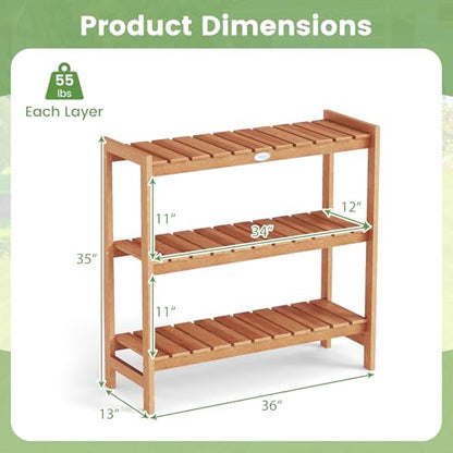 Giantex 3-Tier Plant Stand Indoor, Solid Wood Flower Pot Display Rack w/ Slatted Shelves, Take Oil Finish Bookshelf Shoe Rack, Indoor Outdoor Storage Shelf for Patio Garden Balcony Home Living Room Entryway - size: 13" x 36" x 35"
