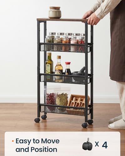 SONGMICS HOME Slim Rolling Cart, 4-Tier Storage Cart with Wheels and Handle, Narrow Utility Cart for Kitchen, Living Room, Brown and Black - style: 4 Tiers