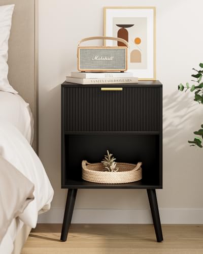 Aienvey Nightstand, Small Bedside Table with Storage Drawers, Black Stripe | Modern Night Stand with Drawer and Wood Leg, Small Side Table with Open Shelf, End Table for Bedroom,Living Room,Small Spaces - color: Black Stripe