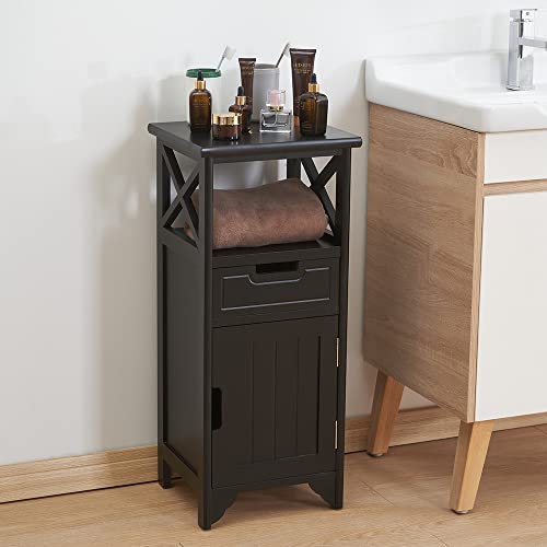 Assembled 30in Height Nightstand, Pre- Assembled Bathroom Floor Cabinet with Shelf and Storage Drawer, Black Tall End Table No Assembly Chest for Living Room Bedroom - color: Black